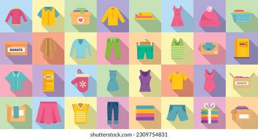 Clothes donation icons set flat vector. Giving container. Donate sweater