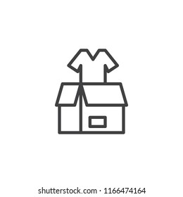 Clothes donation outline icon. linear style sign for mobile concept and web design. Parcel box with t-shirt simple line vector icon. Symbol, logo illustration. Pixel perfect vector graphics