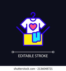 Clothes donation pixel perfect RGB color icon for dark theme. Donating clothing. Give away goods for free. Simple filled line drawing on night mode background. Editable stroke. Arial font used