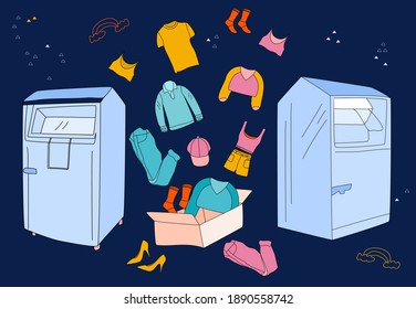 Clothes donation with special container and charity box.Swapping shoes,crop top,jeans,pullover,shirt.Doodle style elements.Contribution in Eco lifestyle,recycling.Giving your wardrobe second chance