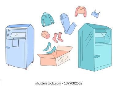 Clothes donation with special container and charity box.Swapping shoes,crop top,jeans,pullover,shirt.Doodle style elements.Contribution in Eco lifestyle,recycling.Giving your wardrobe second life