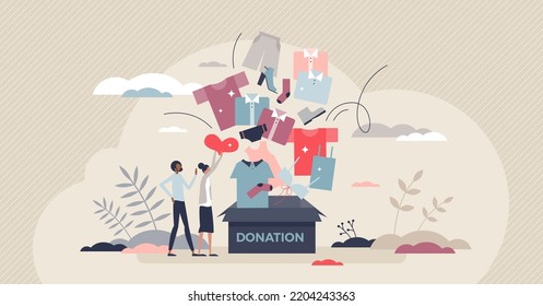 Clothes donation and used second hand clothing sharing tiny person concept. Generous support and social help with community togetherness and contribution for poor homeless people vector illustration.