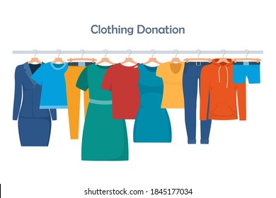 Clothes for donation. Various clothes on a hanger and in boxes. Cheap and free seasonal garment. Second hand shop, flea market goods. Donating clothes to charity, concept vector illustration