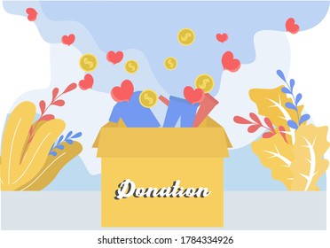 Clothes donation vector concept: cardboard box written "Donation" with clothes, money, and other things to donate