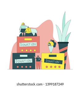 Clothes donation. Vector flat illustration. Social care and charity concept. Time to donate. Little men with clothes boxes charity. 