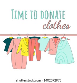 Clothes donation. Vector flat illustration. Social care and charity concept. Woman's and man's clothes on hangers.