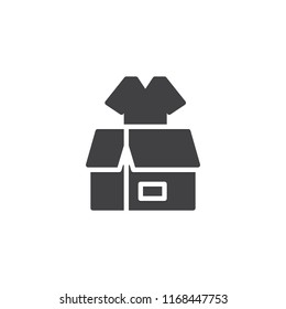 Clothes donation vector icon. filled flat sign for mobile concept and web design. Parcel box with t-shirt simple solid icon. Symbol, logo illustration. Pixel perfect vector graphics