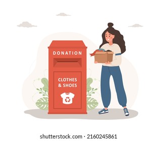 Clothes Donation. Woman With Cardboard Box Gives Things For Recycling Or Donated. Clothing Bin Or Recycle Container. Volunteering And Social Care Concept. Vector Illustration In Cartoon Style.