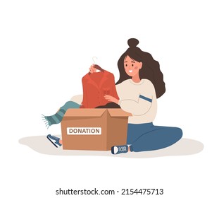 Clothes donation. Woman putting old used clothes ready to be shared or recycled to cardboard box. Volunteering and social care concept. International charity day. Vector illustration in cartoon style.