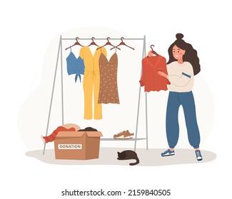 Clothes donation. Woman putting old used clothes ready to be shared or recycled from wardrobe to cardboard box. Volunteering and social care. International charity day. Vector cartoon illustration.