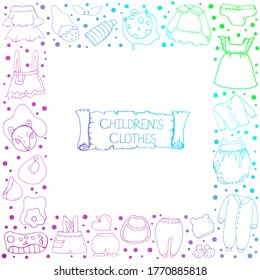 Clothes. Doodle style. Vector isolated illustration with booties, sweatshirts, dresses, shorts, hats, children's bags, toys on a white background. Vector file. 