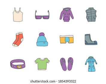 doodles de ropa aislados en blanco. conjunto de iconos de ropa para diseño web, interfaz de usuario, aplicaciones móviles e impresión