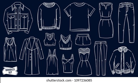 Clothes doodles set. Fashion sketch. Apparel. Outfit. Fashion collection. Casual style. Fashionable. Women clothes. Denim. Travel luggage. Jeans wear. Dress. Coat. Jacket. Leggins. Sweater. T-shirt.