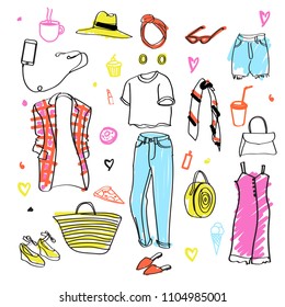 Clothes doodles set. Fashion sketch. Apparel. Outfit. Fashion collection. Casual style. Fashion doodles. Clothes sketches. Jeans wear. T-shirt.