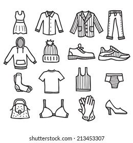 Clothes drawn vector doodle icons set isolated on white background