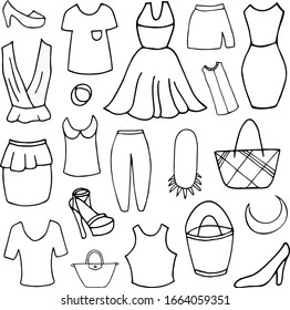 Clothes Dress Shoes Vector Line Hand Drawn Illustration Doodle Cartoon Clip Art Element Isolated on White Background Collection