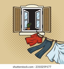 clothes are dried on a rope from the window of the house pop art retro vector illustration. Comic book style imitation.