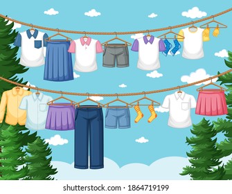 Secado de ropa y colgante ilustración de fondo al aire libre