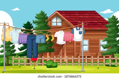Clothes drying and hanging outdoor background illustration