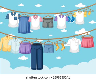 Clothes drying and hanging outdoor background illustration