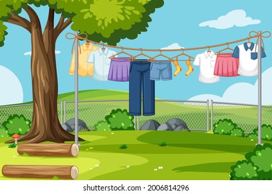 Clothes drying and hanging outdoor background illustration