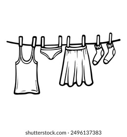 Ropa que se seca en un tendedero dibujado a mano doodle. Lavar y secar. Cuarto de lavandería. Limpiando la casa. Ilustración de arte de línea de contorno de Vector.