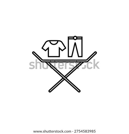 Clothes drying rack icon. Stand for dryer clothes. Portable folding clothes drying rack with a shirt and pants. Isolated vector illustration on white background.
