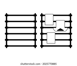 Clothes drying rack. Stand for dryer clothes. Isolated vector illustration on empty background. Black silhouette.