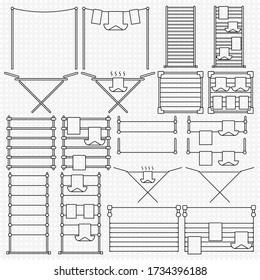Clothes drying racks. Linear outline icons set. Stands for dryer clothes. Isolated transparent vector illustrations.