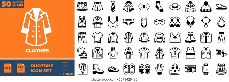 Clothes Duotone Editable Icons set. Vector illustration in modern thin duotone style of clothes icons: shirt, pants, shoes, socks, shorts, jacket, dress etc