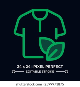 Clothes of eco friendly material dark color ui icon. Sustainable fashion promotion. Shirt with leaves ornament. Vector colorful symbol isolated on black. User interface element, pixel perfect