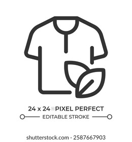 Clothes of eco friendly material line ui icon. Sustainable fashion promotion. Shirt with leaves ornament. Isolated vector outline symbol. Webdesign user interface element linear, pixel perfect