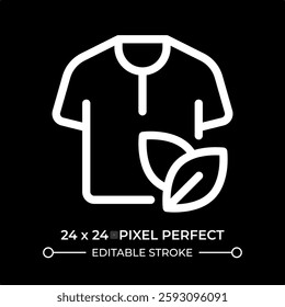 Clothes of eco friendly material line ui icon isolated on black. Sustainable fashion promotion. Shirt with leaves ornament. Vector outline symbol. User interface element dark mode, pixel perfect