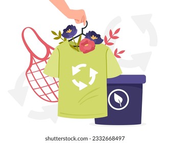 Clothes from ecological materials concept. Zero waste, sustainable lifestyle. Reuse and recycling. Caring for environment and environment, reducing emission of waste. Cartoon flat vector illustration