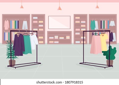 Clothes emporium flat color vector illustration. Department store. Shopping mall. Cloth boutique. Fashion store 2D cartoon interior with clothes shelves, hangers, mirror on background