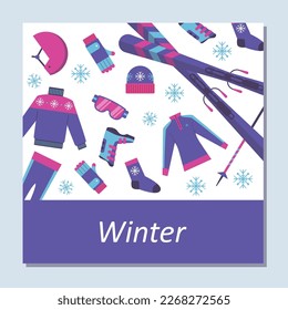 Clothes and equipment for skiing, poster template - flat vector illustration. Concepts of winter sports and activities. Ski boots and poles, warm sweater, protective helmet and gloves.