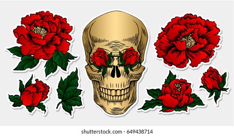 Clothes fabric decor. Fashion vector embroidery sticker design. Peony skull hand drawn illustration. Tattoo style.