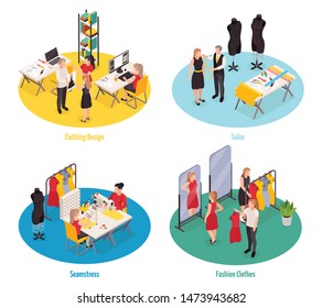 Clothes factory and fashion store 2x2 design concept with designer tailor seamstress shop assistant at work 3d isolated vector illustration