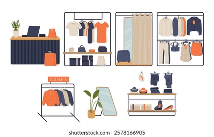 Clothes fashion boutique store interior design with female apparel trendy outfit hangers rack, shelves with shoes and bags accessories, mirror, fitting room, shop counter desk vector illustration