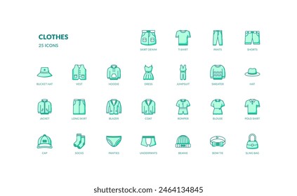 clothes fashion clothing apparel detailed green filled line icon set