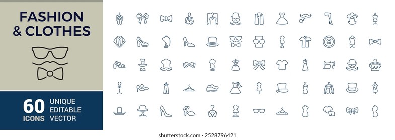 Clothes and fashion line icons. Fashion icons collections. Dress, T-shirt, Pants, Jacket, Shoe, Shirt symbols. Vector illustrations. Editable Stroke