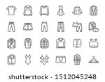 Clothes, Fashion Line Icons. Vector Illustration Included Icon as Jacket, Winter Coat, Sweatshirt, Dress, Hoody, Jeans, Hanger and other Apparel Flat Pictogram for Cloth Store. Editable Stroke