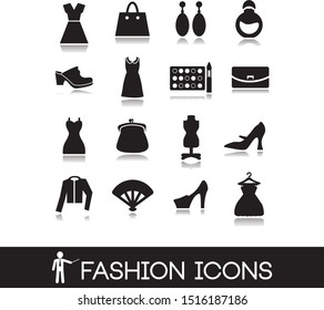 Clothes and fashion woman icon set in black style.