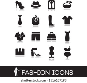 Clothes and fashion woman icon set in black style.