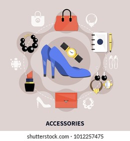 Clothes flat composition with colored accessories handbags watches shoes pumps and other vector illustration