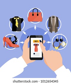 Clothes flat composition with round icon set combined around tablet in womens hands vector illustration