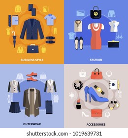 Clothes flat concept with four squares icon set on business style fashion outerwear and accessories themes vector illustration