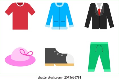 Clothes flat illustration. Tshirt, jacket, suit, hat, shoes, pant icons. Fashion illustration.