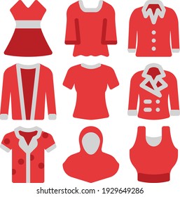 women’s clothes flat red grey style icon set or icon pack for web mobile app presentation printing