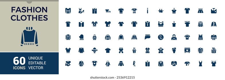 Conjunto de iconos sólidos planos de ropa. Contiene iconos tales como ropa, chaqueta, ropa, tela, zapatillas de deporte, cárdigan, camiseta y más. Iconos web simples. Icono de Vector editable e ilustración.